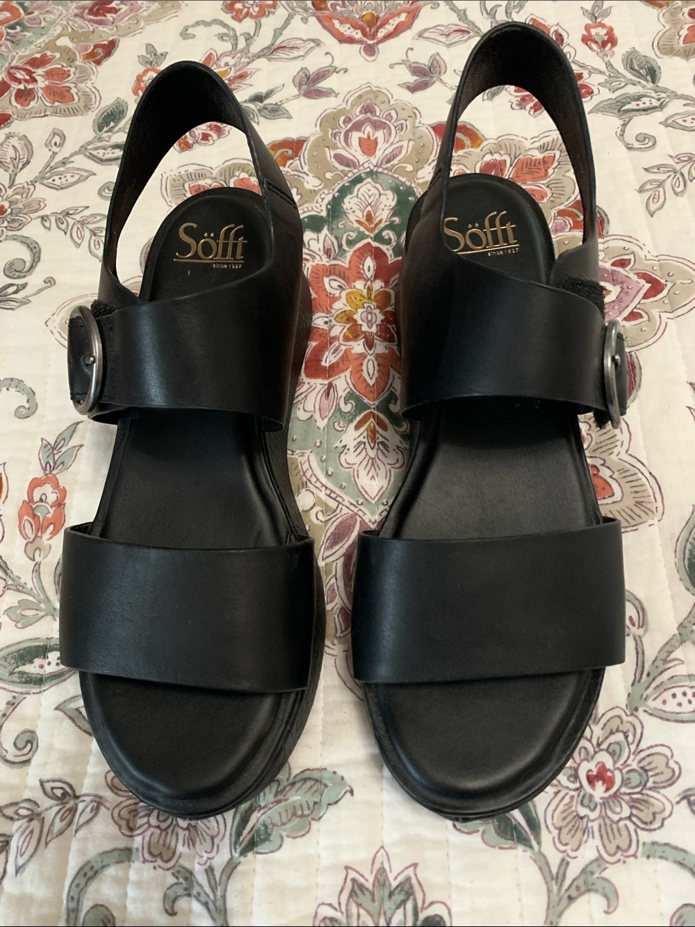 Sofft Black Leather Slingback Wedge Sandals